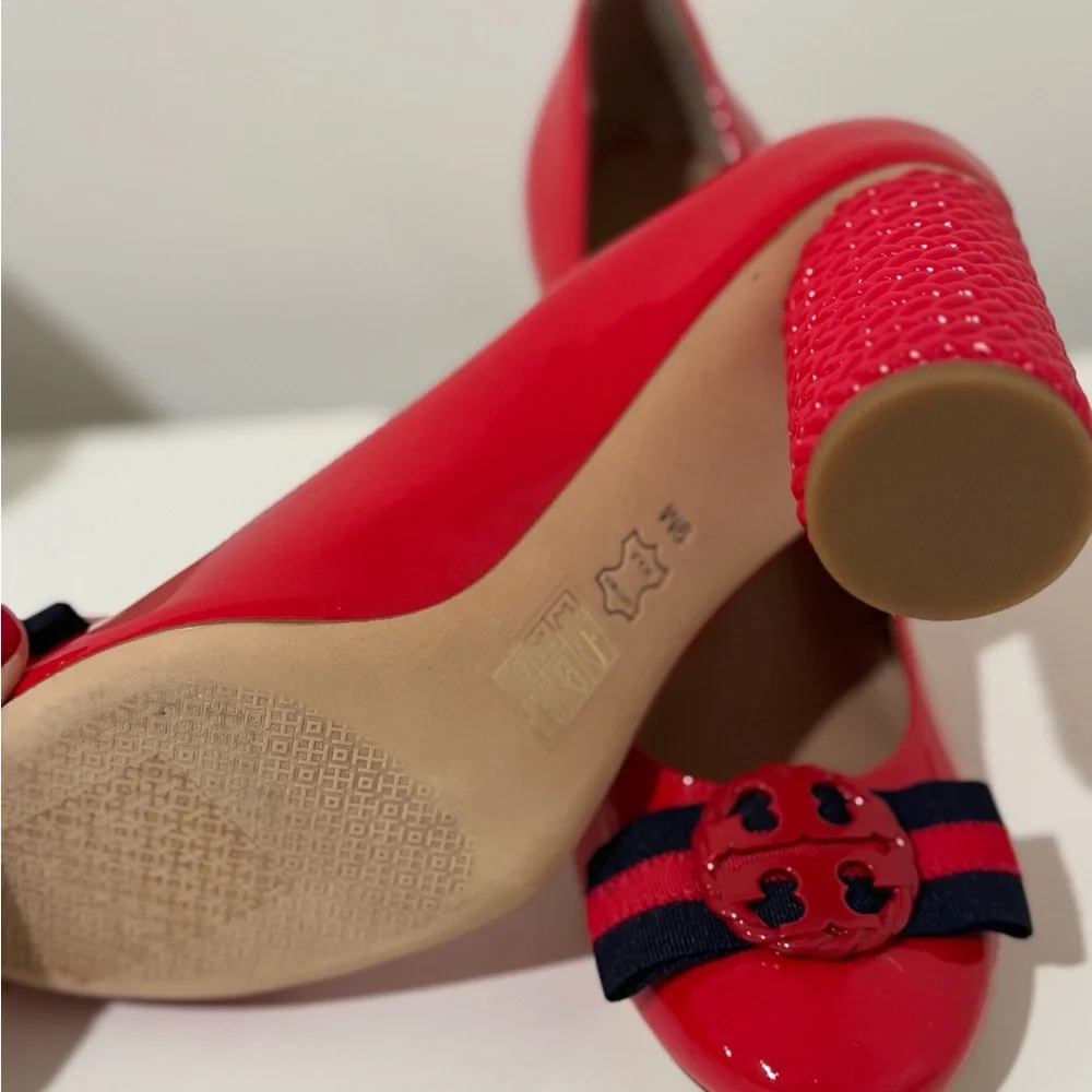 Tory Burch Red Patent Leather Heels with Navy Trim